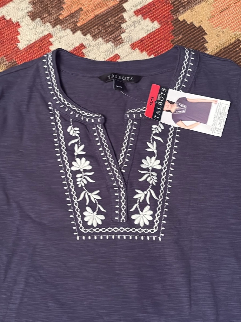 Talbots Women's Navy Embroidered Split-Neck Top